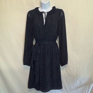 H-19 Loft Black & White Dot Long Sleeve Belted Lined MIDI Dress Size 2‎